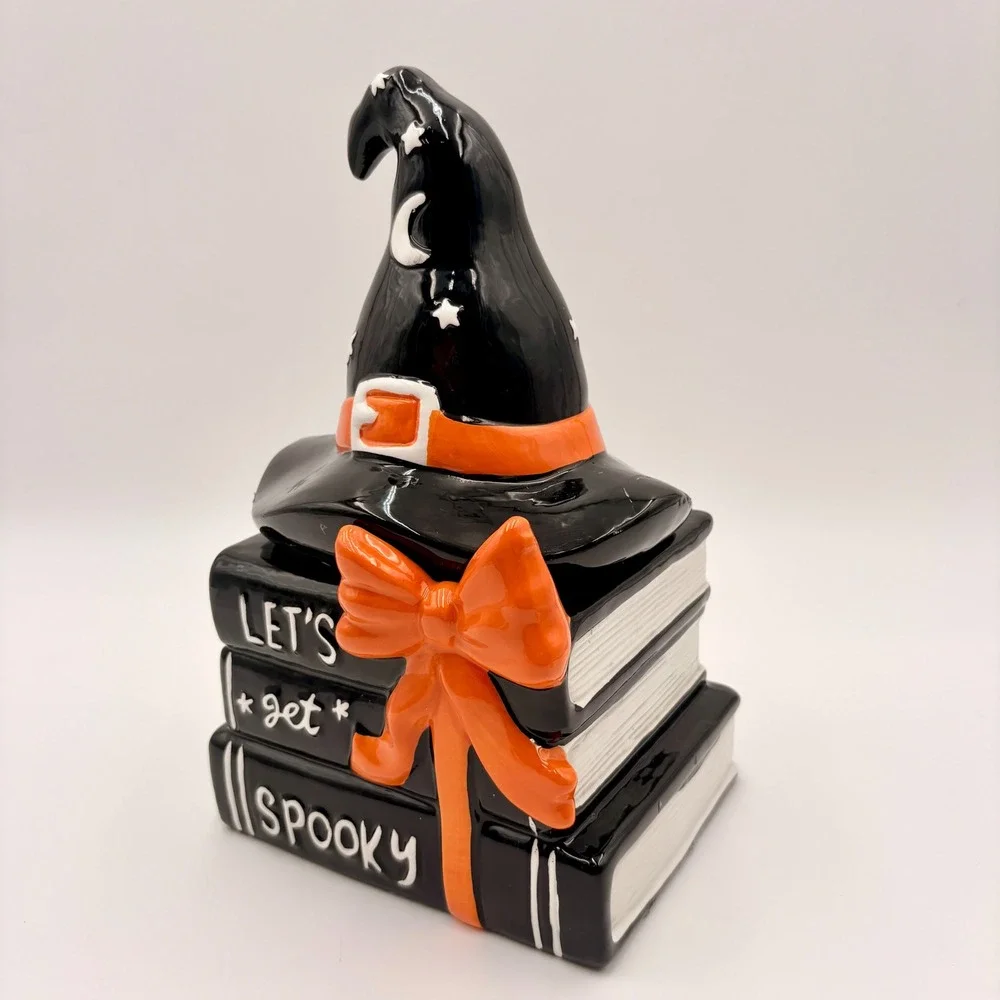 Halloween Ceramic Witch Hat Stacked Books Let's Get Spooky Candy Jar Black